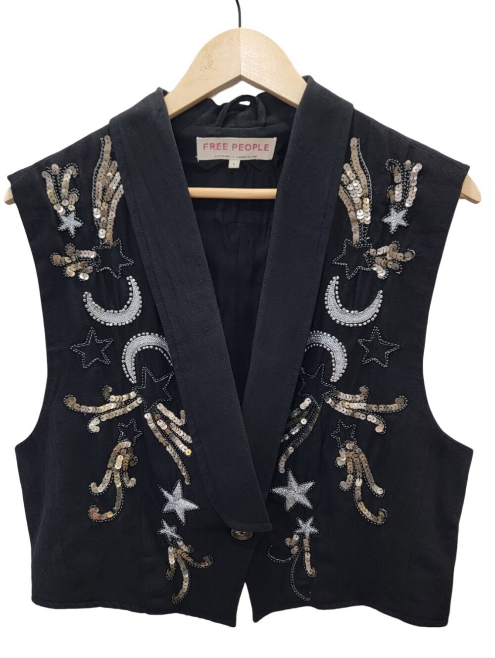 Free People Billy Tux Waistcoat Vest Celestial Moon Stars Festival Black Large